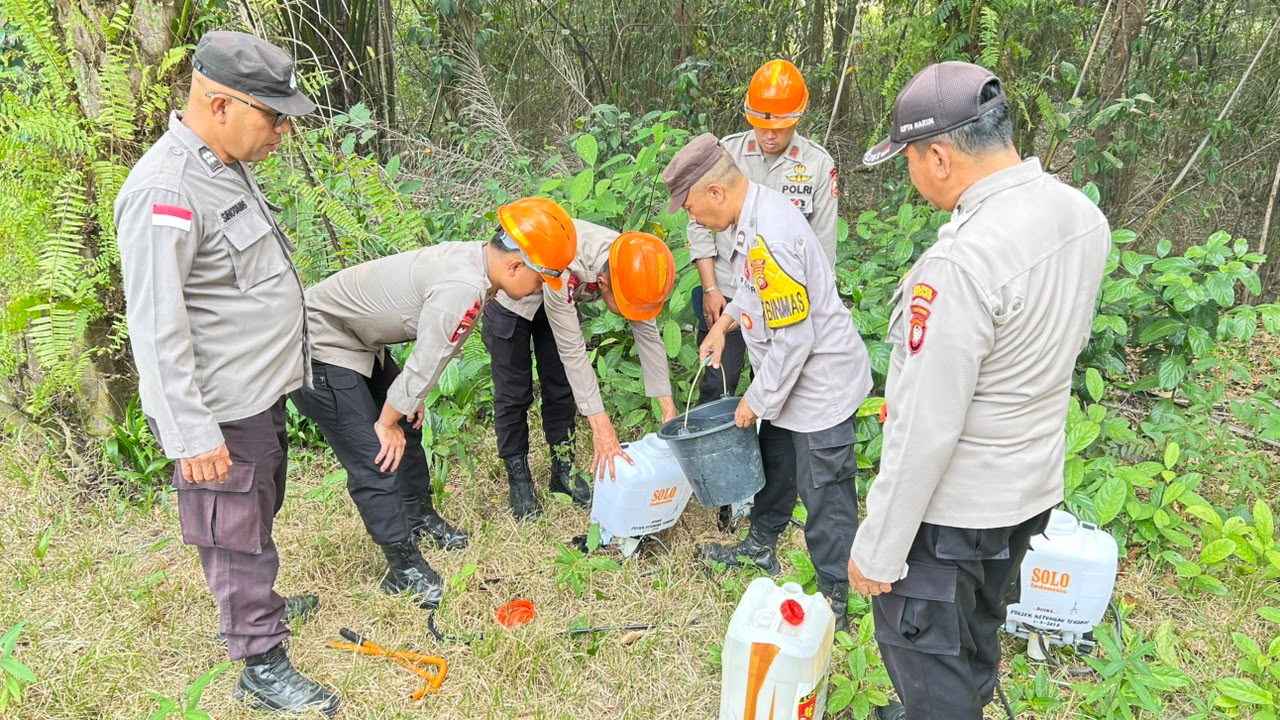 Polsek Ketungau Tengah dan Brimob Berjibaku Padamkan Karhutla